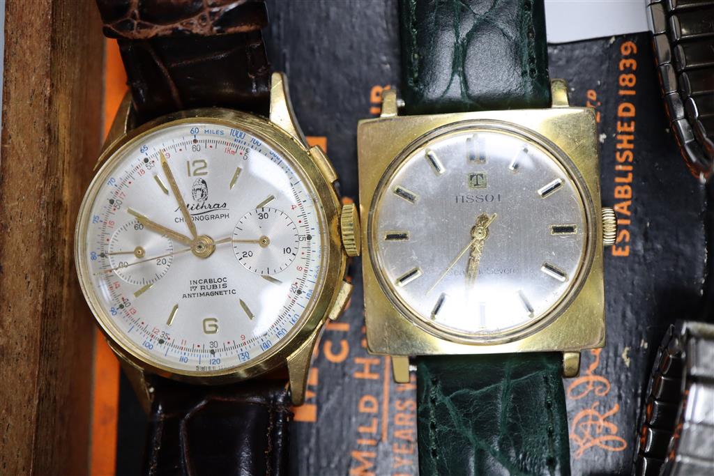 A collection of eight assorted gentlemans wrist watches including Onsa, Tissot, Mathias chronograph and Rotary.